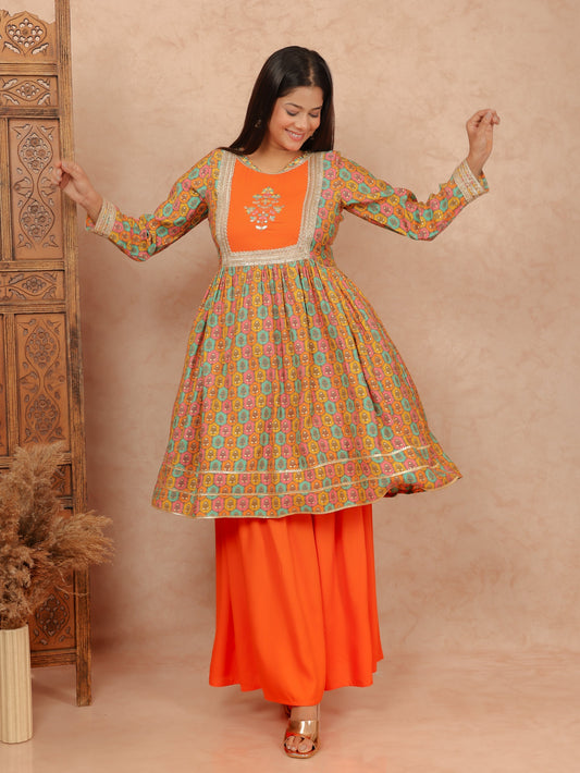 Chanderi Floral Flared Orange Kurta