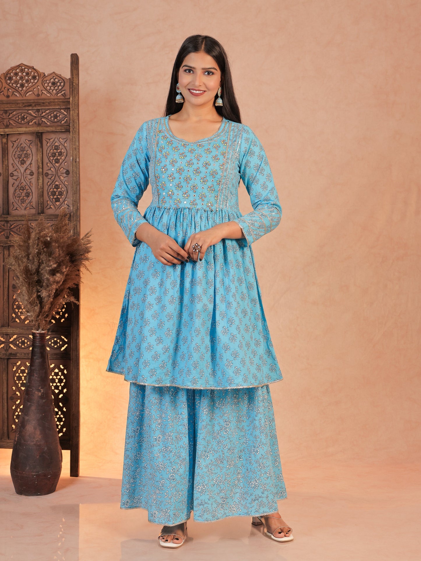 Soft Cotton Floral Flared Blue Kurta