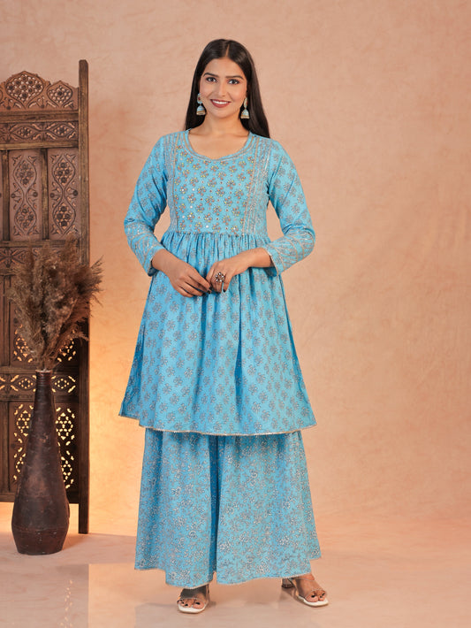 Soft Cotton Floral Flared Blue Kurta