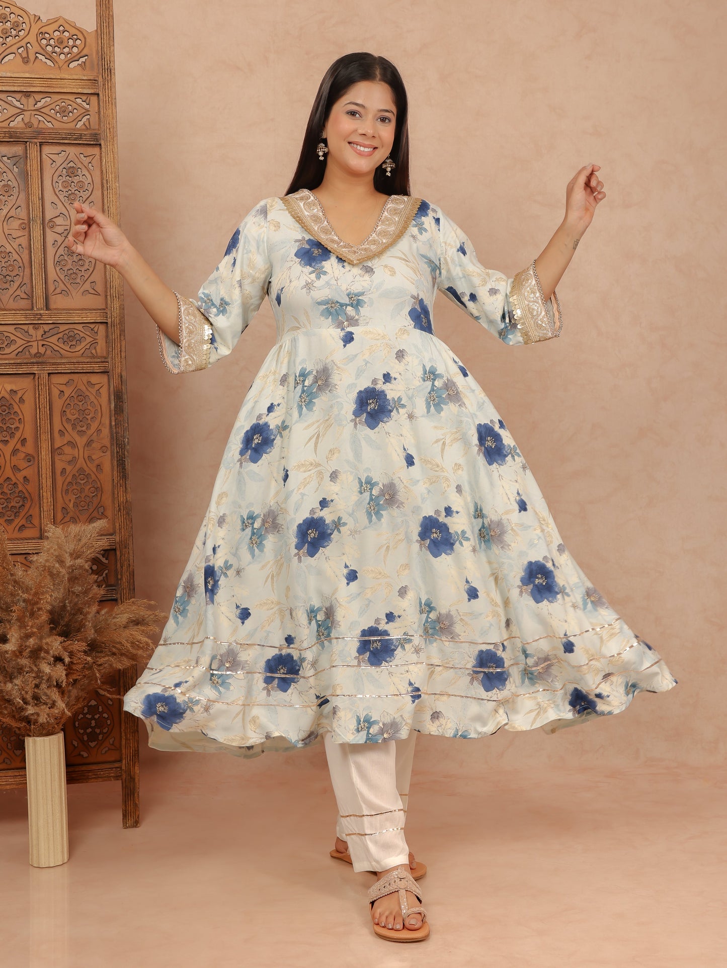Viscose Floral Flared Blue Kurta
