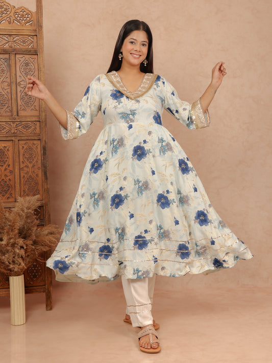 Viscose Floral Flared Blue Kurta