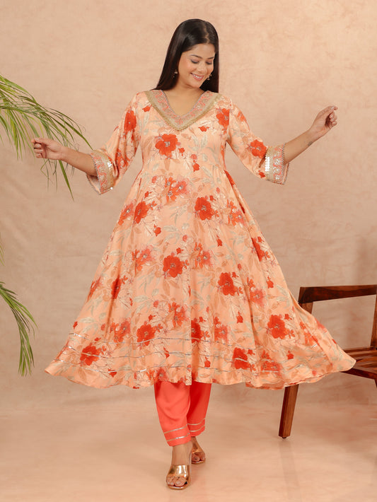 Muslin Floral Flared Orange Kurta