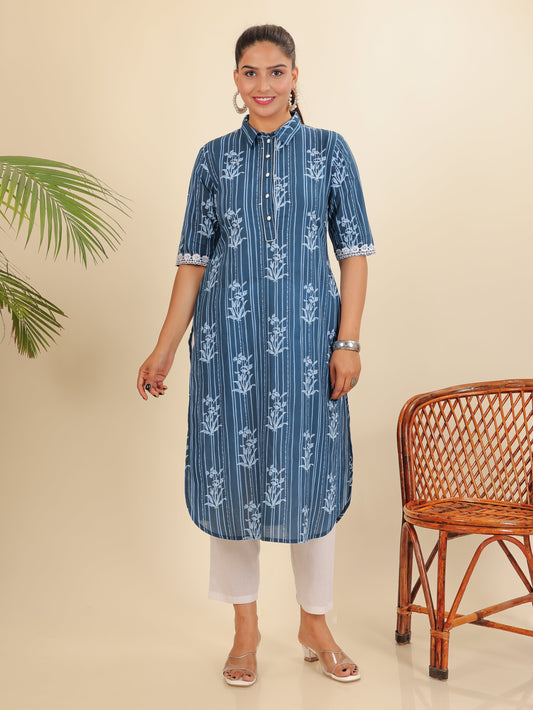 Soft Cotton Floral Pathani Blue Kurta