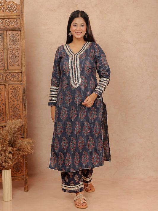Lurex Cotton Floral Straight Blue Kurta