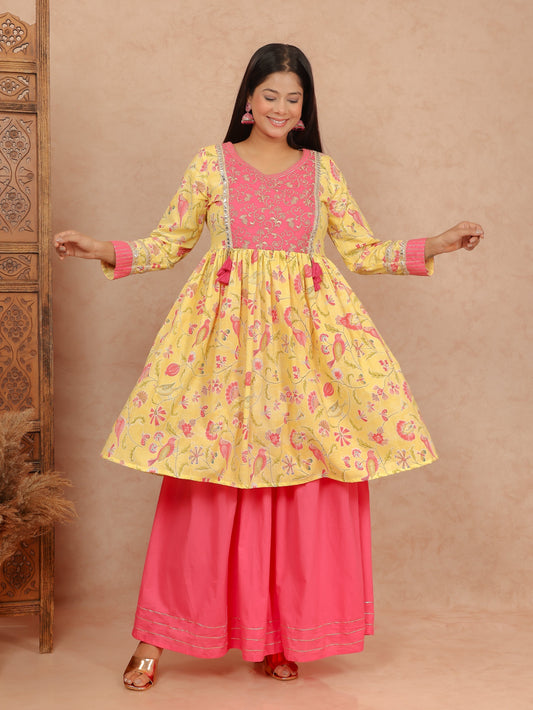 Soft Cotton Floral Flared Yellow Kurta