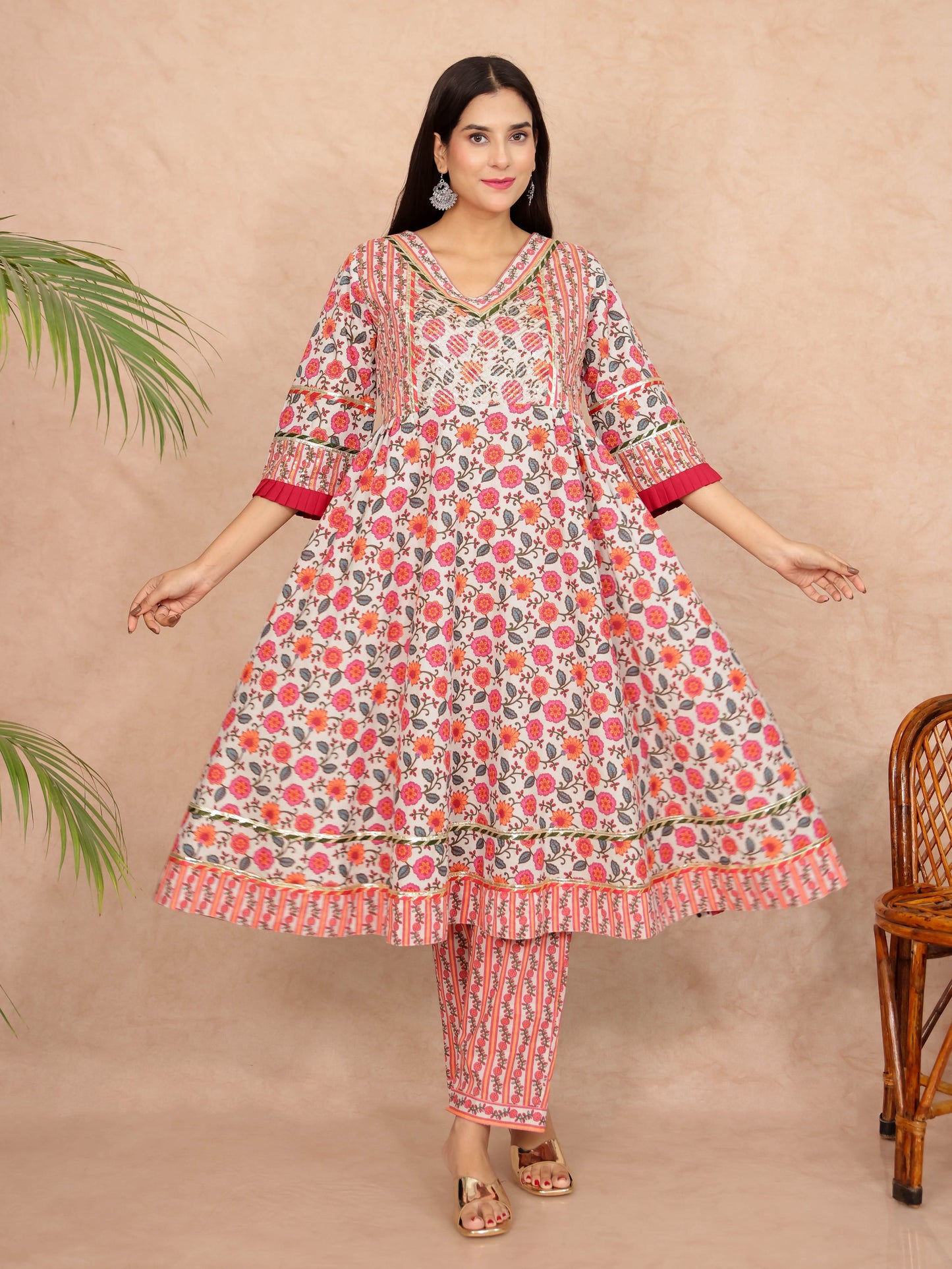 Soft Cotton Floral Flared Cream Kurta