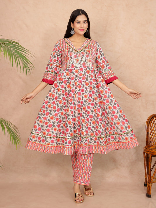 Soft Cotton Floral Flared Cream Kurta