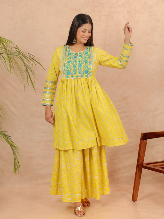 Soft Cotton Floral Flared Yellow Kurta