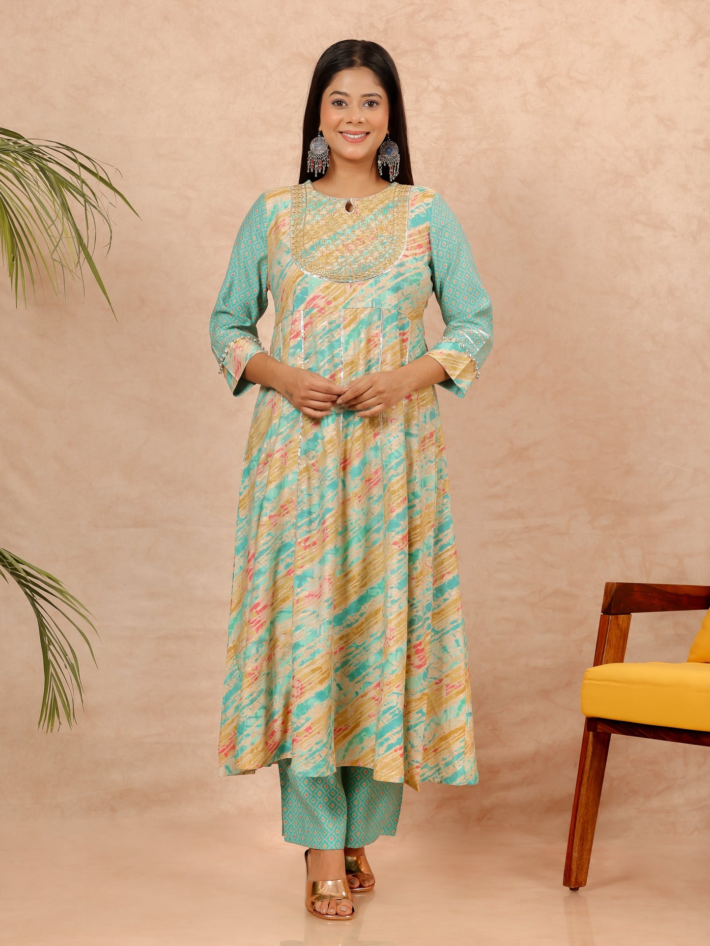Muslin Leheriya Anarkali Turquoise Kurta