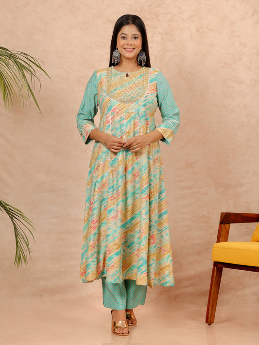 Muslin Leheriya Anarkali Turquoise Kurta