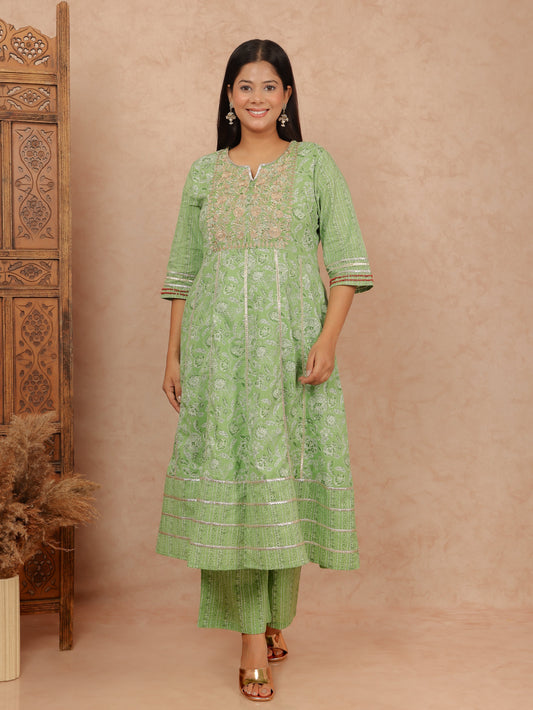 Soft Cotton Floral Anarkali Green Kurta