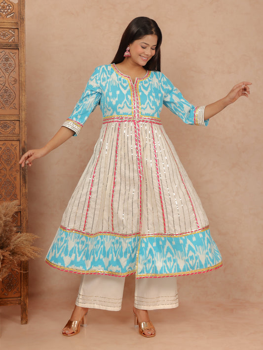 Soft Cotton Ikat Anarkali blue Kurta
