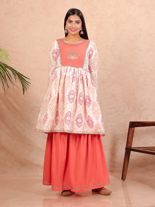 Soft Cotton Ikat Flared white Kurta