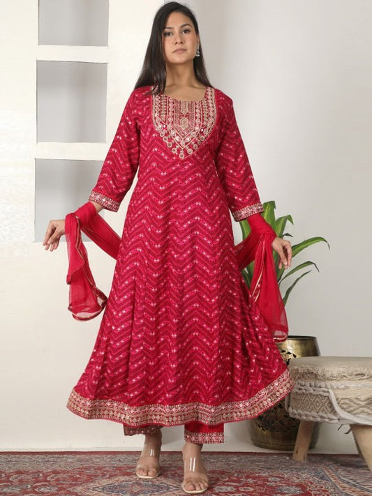 Fabinn Floral Embroidered Thread Work Anarkali Kurta With Trousers & Dupatta