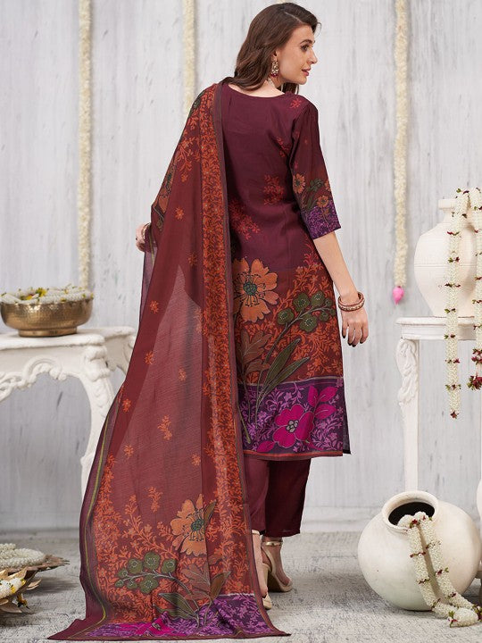 Anouk Floral Printed V-Neck Sequinned Chanderi Silk Kurta