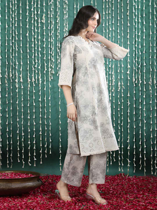 Bani Women Women Beige Floral Print Pure Cotton Kurta Set with Embroidered Detailing