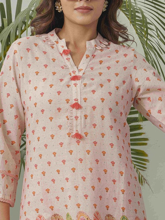 Floral Printed Pure Cotton Mandarin Collar Tunic With Trousers