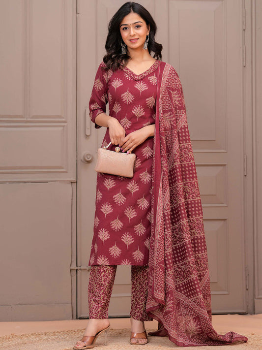 Floral Printed V-Neck Pure Cotton Straight Kurta With Trousers & Dupatta