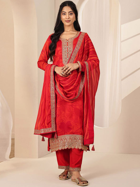 Floral Printed Sequinned Straight Kurta with Trouser & Dupatta