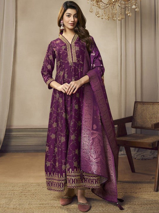 all about you Purple Floral Embroidered V-Neck Anarkali Kurta