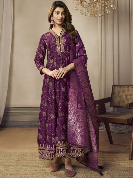all about you Purple Floral Embroidered V-Neck Anarkali Kurta