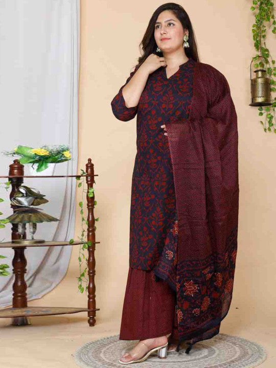 Doriyaan Plus Size Floral Printed Mandarin Collar Straight Pure Cotton Kurta With Sharara