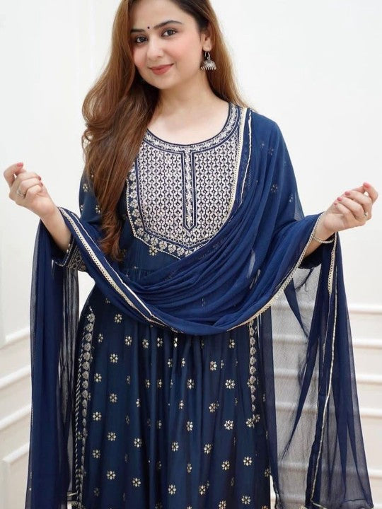 13-Star Floral Embroidered Round Neck Pleated Anarkali Kurta With Trousers & Dupatta