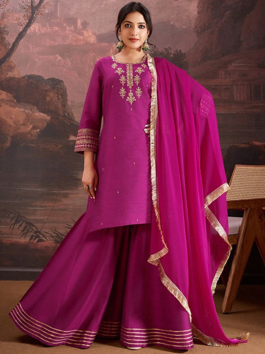 House of Pataudi Floral Embroidered Straight Kurta & Sharara with Dupatta