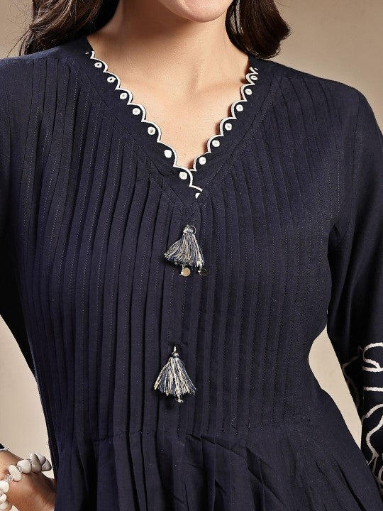 Stylum Embroidered Pure Cotton V Neck Tunic With Trousers