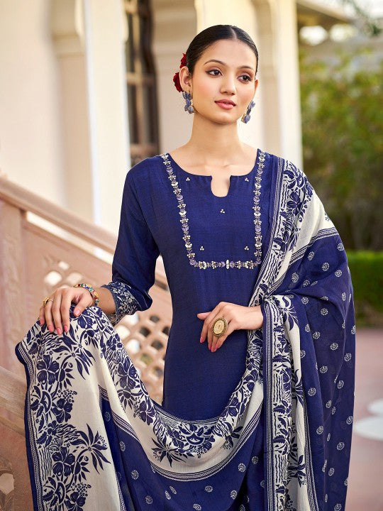 AVITRA Floral Printed Round Neck Beads And Stones Straight Kurta With Trousers & Dupatta