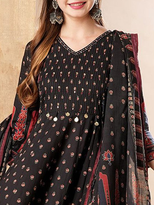 FASHOR Floral Printed Mirror Work Pure Cotton Anarkali Kurta With Trousers & Dupatta