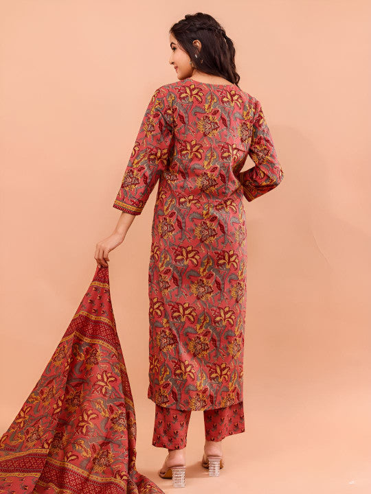 VASVI Women Floral Printed Pure Cotton Kurta with Trousers & Dupatta