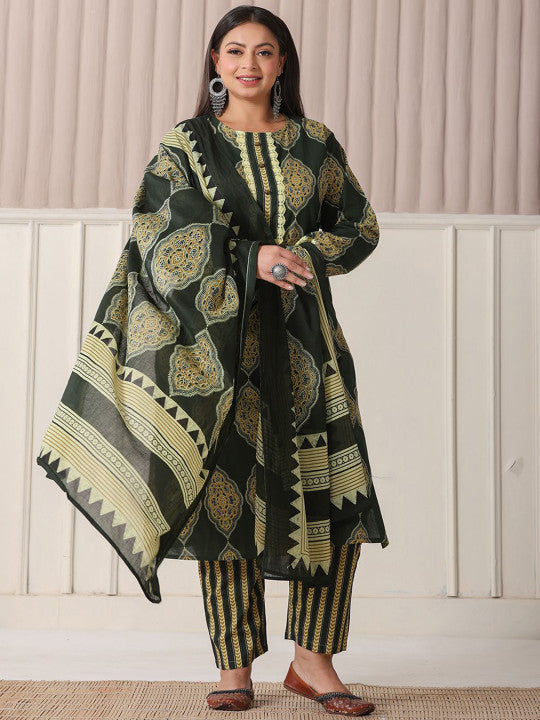 Yufta Plus Size Ethnic Motifs Printed Pure Cotton Straight Kurta With Trousers & Dupatta