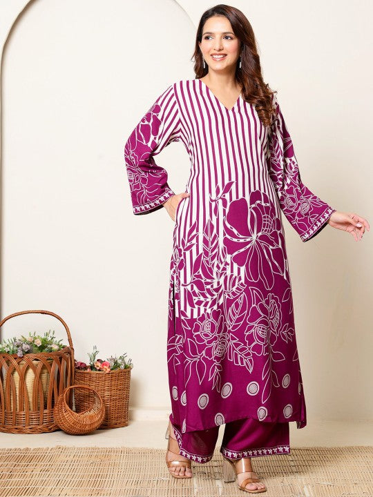 Banwaree Floral Printed V-Neck Tunic With Palazzo Co-Ords