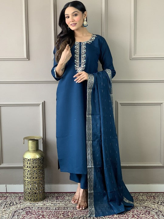 HERE&NOW Floral Yoke Design Regular Chanderi Silk Kurta