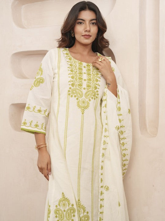 House of Pataudi Embroidered Straight Kurta & Trousers With Dupatta