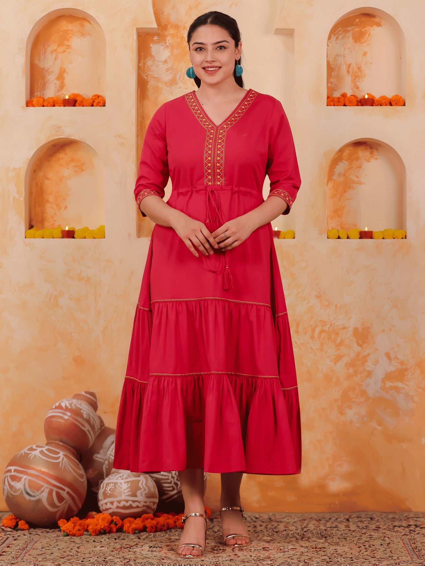 Embroidered Linen Cotton Solid Anarkali Coral Dress