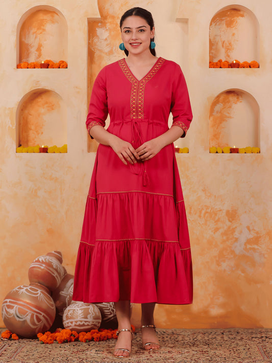 Embroidered Linen Cotton Solid Anarkali Coral Dress