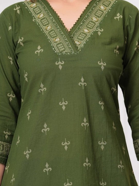 Floral Printed V-Neck Sequinned Pure Cotton Kurta With Trousers & Dupatta