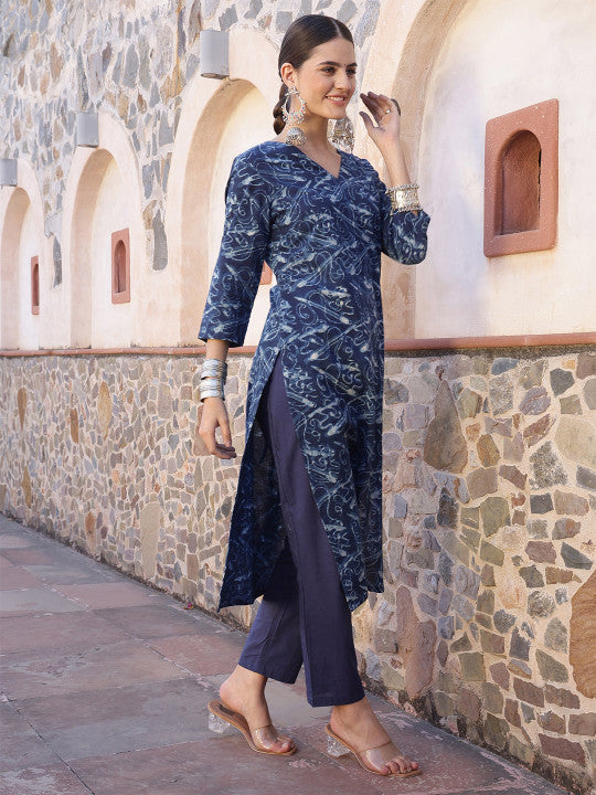 Taavi Abstract Printed Dabu Straight Kurta with Trouser & Dupatta