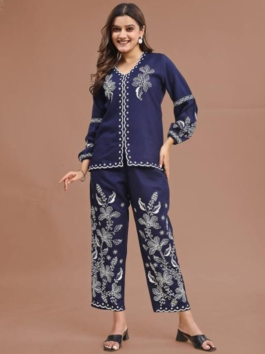Tikhi Imli Embroidered V Neck Tunic With Trousers Co-Ords Set