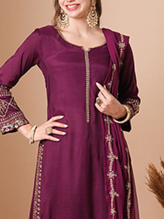 FASHOR Notch-Neck Floral Embroidered Straight Kurta