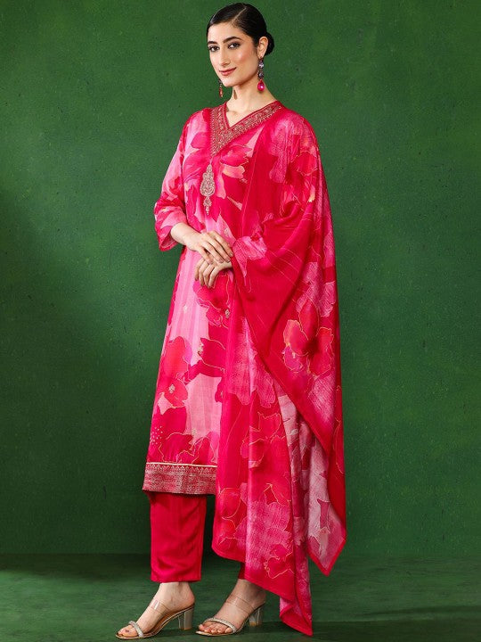 Jaipur Kurti Women Floral Embroidered A-Line Regular Kurta Trousers With Dupatta