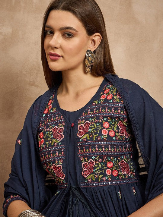 all about you Navy Blue Embroidered Round Neck Anarkali Kurta with Trousers & Dupatta