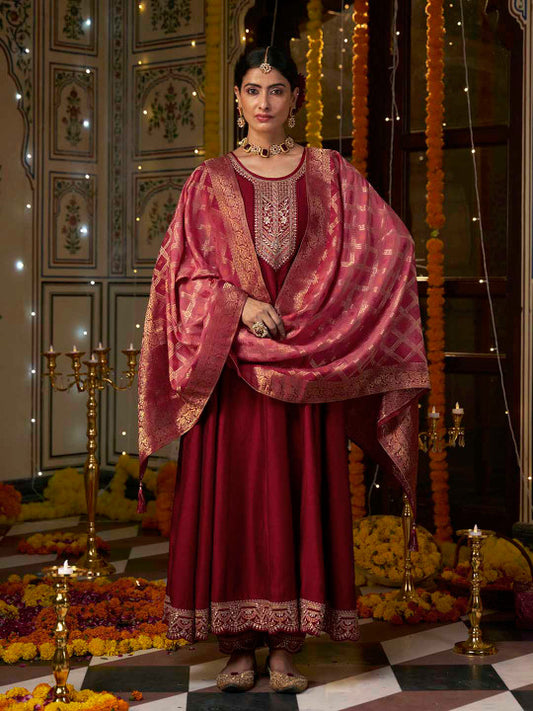 Floral Yoke Design Pleated Sequinned A-Line Kurta with Trousers & Dupatta