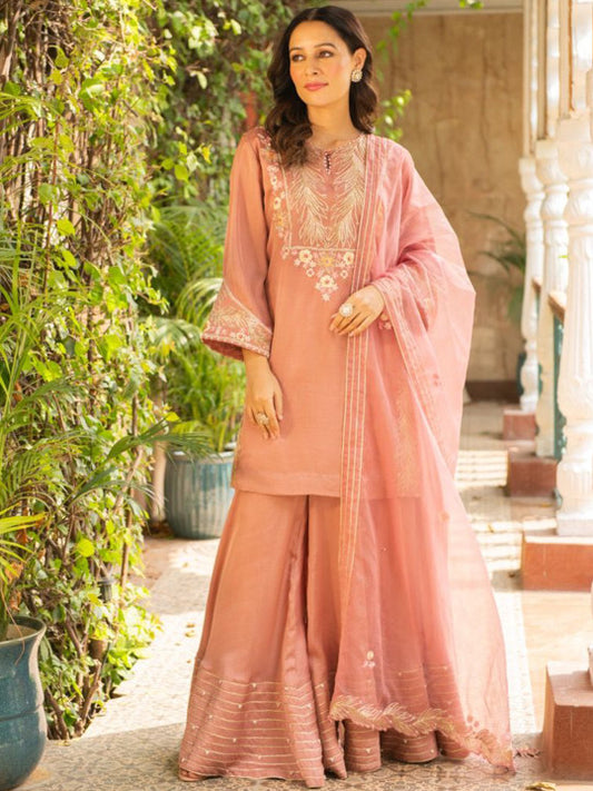 AJIESH OBEROI Women Floral Embroidered Kurta with Sharara & Dupatta