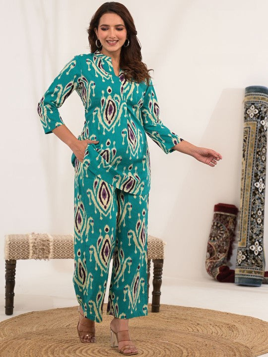 Printed Cotton V-Neck Tunic With Trousers Co-Ords