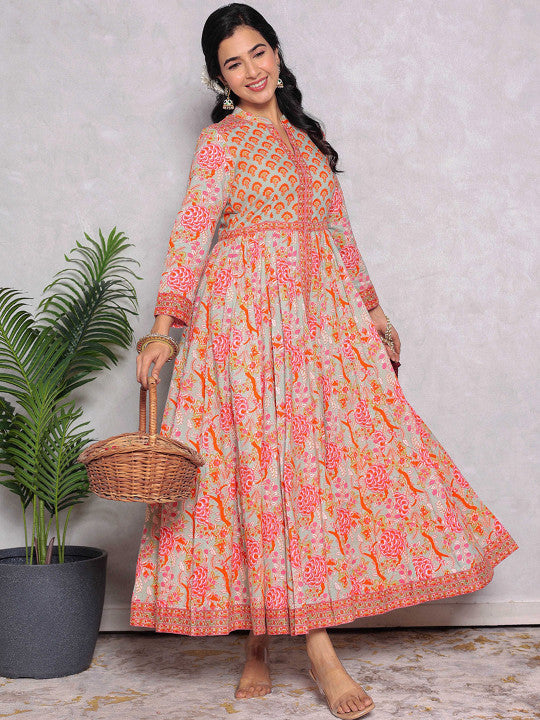 GULAB CHAND TRENDS Women Cotton Floral Printed Fit & Flared Maxi Ethnic Dress