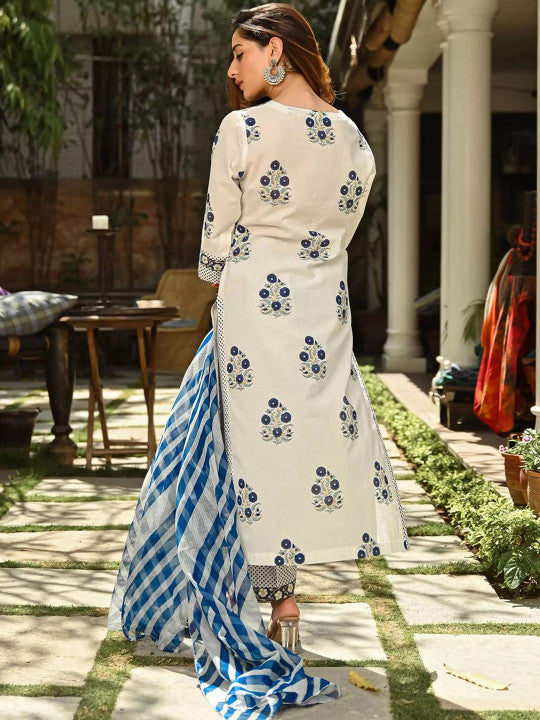 Ethnic basket Women White Cotton Blend Kurta Sets With Dupatta