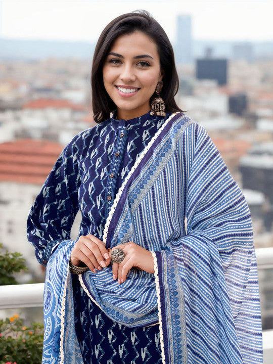 Anouk Chevron Printed Mandarin Collar Pure Cotton Straight Kurta With Palazzos & Dupatta